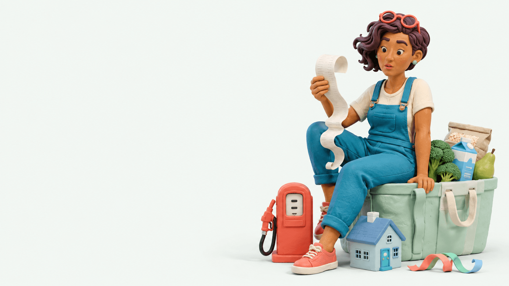 A curious 3D cartoon character checking a long household bill beside a grocery bag, fuel pump and little house