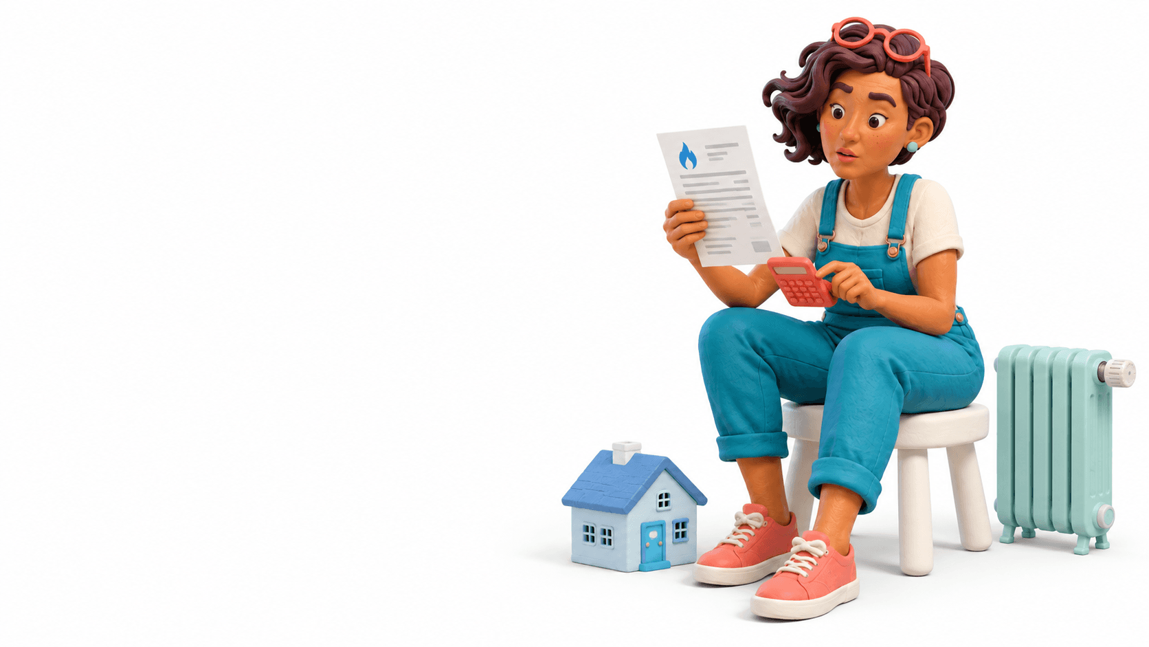 ChoiceWorth character reviewing a gas bill with a calculator beside a model home and radiator
